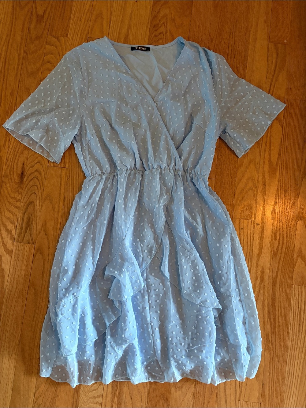 Light Blue Swiss Dot Faux-Wrap Midi Dress